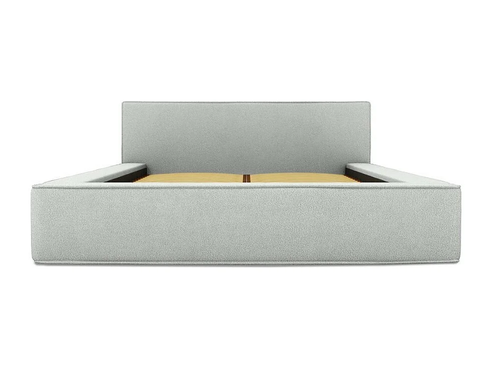 Cama con canapé DENALI – Blanco rizado – 160x200 cm – Tela efecto lana – Somier elevable – Almacenamiento integrado