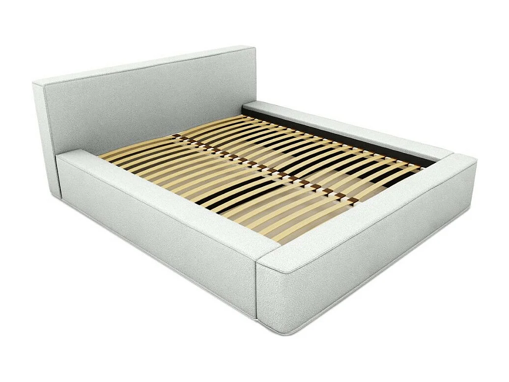 Cama con canapé DENALI – Blanco rizado – 160x200 cm – Tela efecto lana – Somier elevable – Almacenamiento integrado
