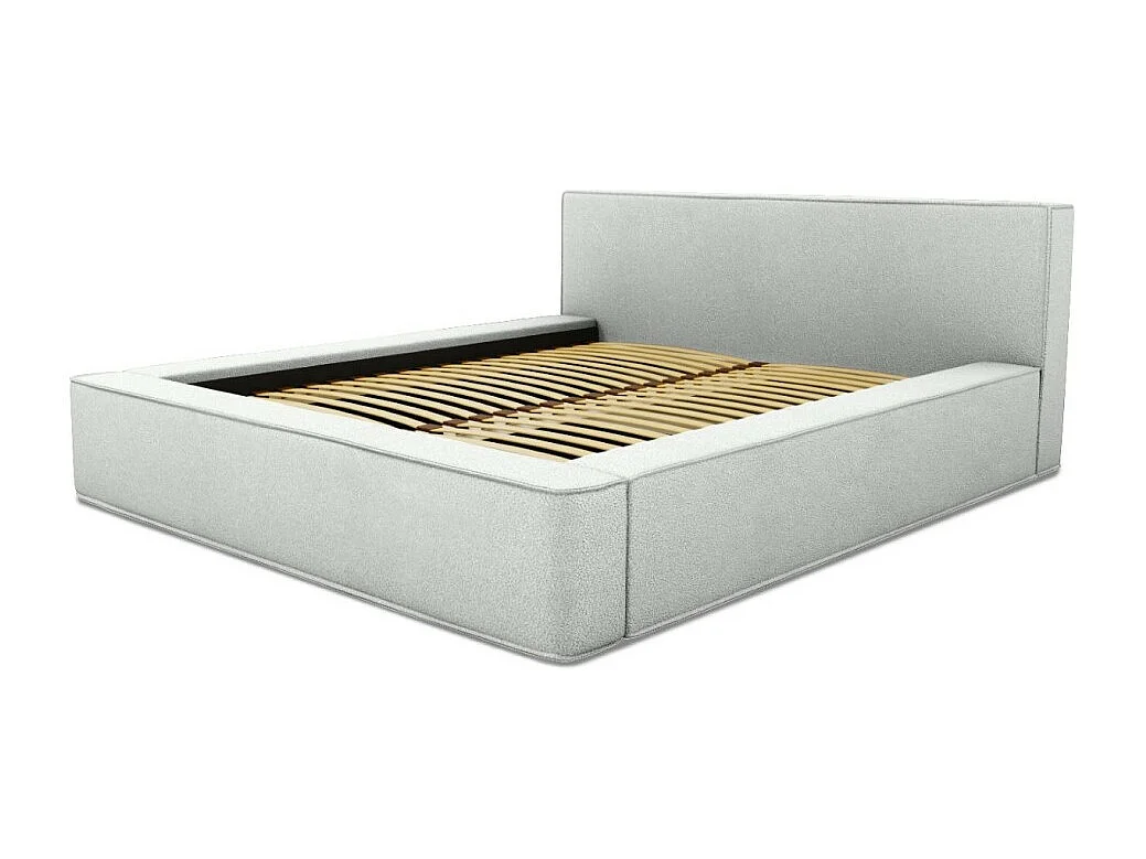 Cama con canapé DENALI – Blanco rizado – 160x200 cm – Tela efecto lana – Somier elevable – Almacenamiento integrado