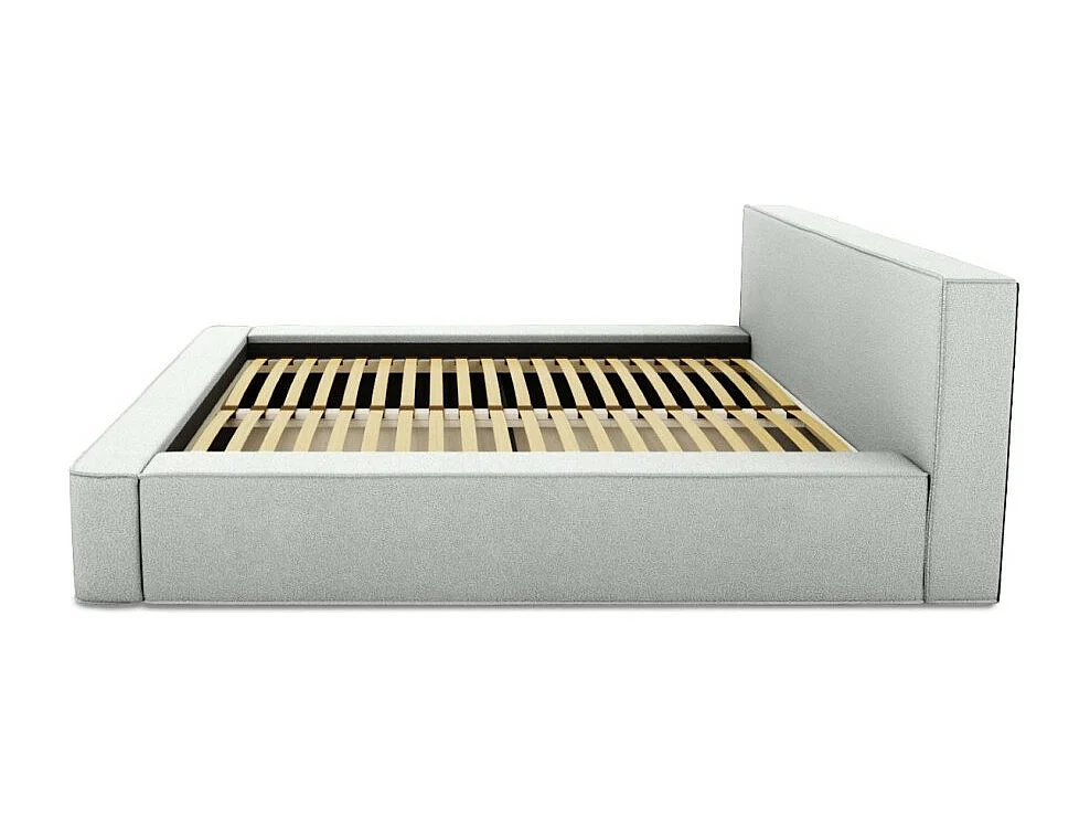 Cama con canapé DENALI – Blanco rizado – 160x200 cm – Tela efecto lana – Somier elevable – Almacenamiento integrado