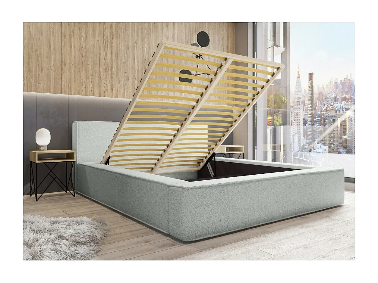 Cama con canapé DENALI – Blanco rizado – 160x200 cm – Tela efecto lana – Somier elevable – Almacenamiento integrado