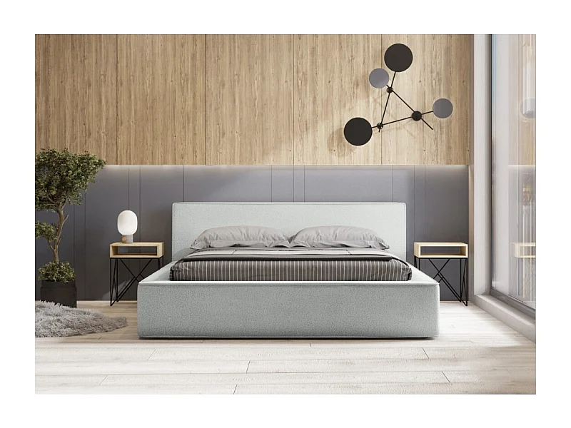 Lit coffre VELORA – Blanc bouclé – 160x200 cm – Tissu effet laine – Sommier relevable – Rangement intégré