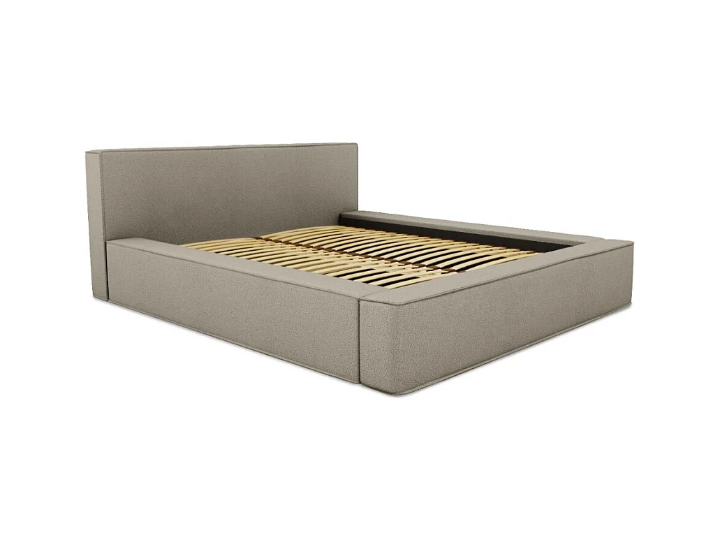 Cama con canapé DENALI – Lino natural rizado – 140x200 cm – Tela efecto lana – Somier elevable – Almacenamiento integrado
