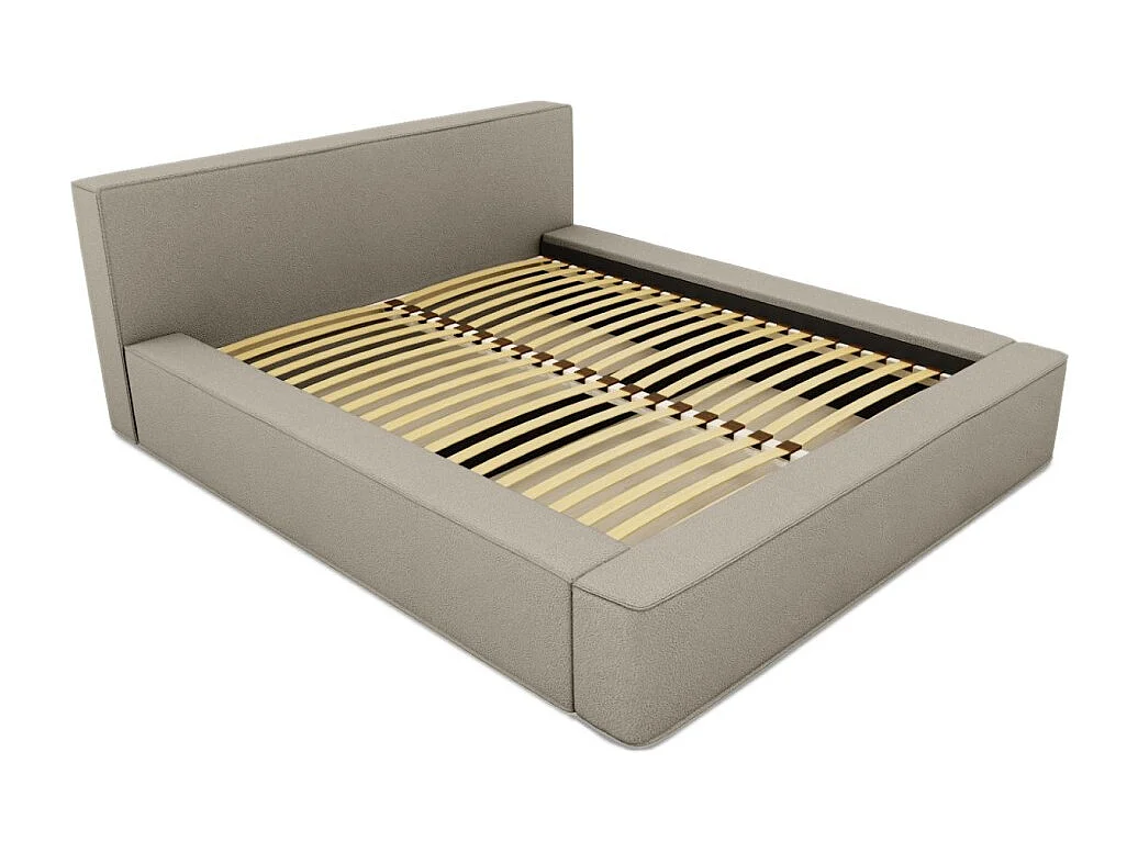 Cama con canapé DENALI – Lino natural rizado – 140x200 cm – Tela efecto lana – Somier elevable – Almacenamiento integrado