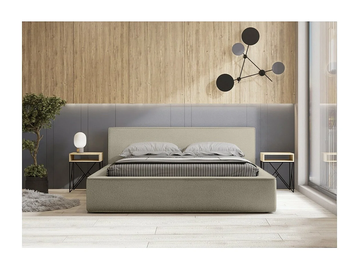 Cama con canapé DENALI – Lino natural rizado – 140x200 cm – Tela efecto lana – Somier elevable – Almacenamiento integrado