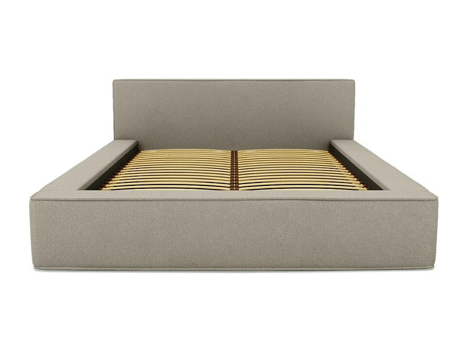 Cama con canapé DENALI – Lino natural rizado – 140x200 cm – Tela efecto lana – Somier elevable – Almacenamiento integrado
