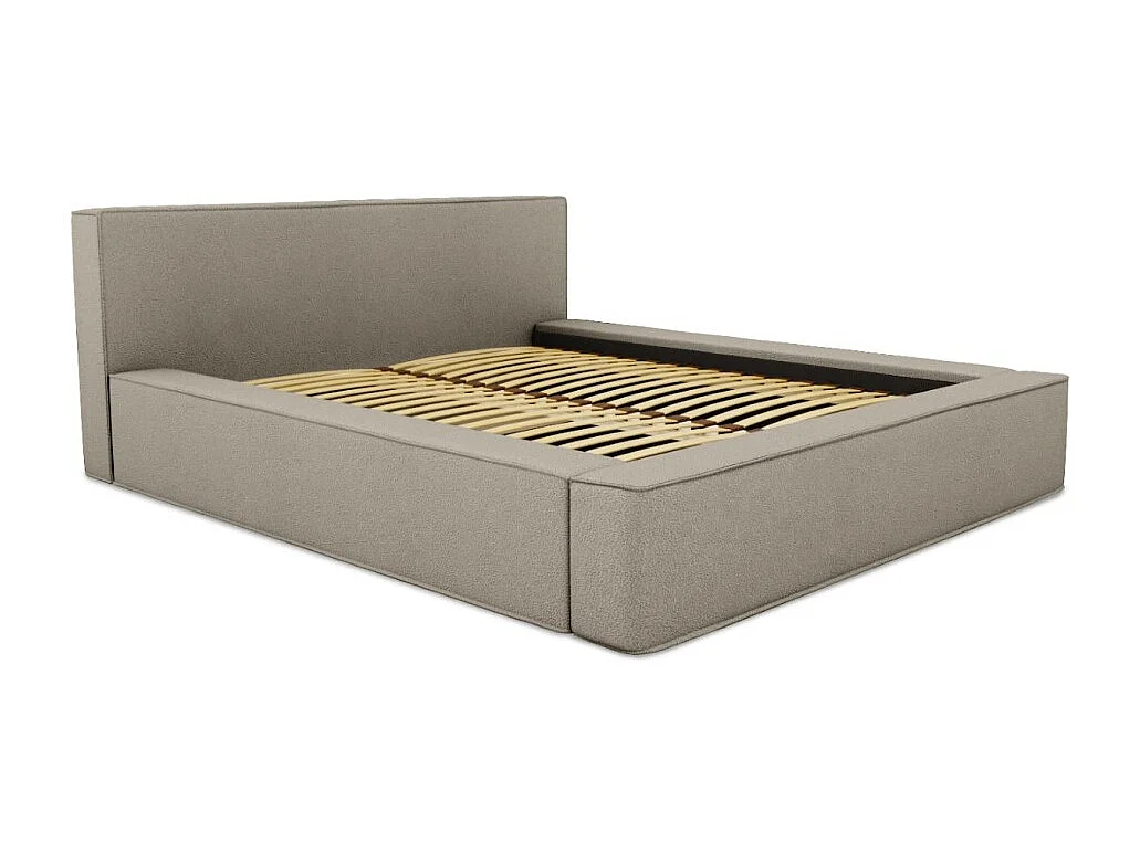 Cama con canapé DENALI – Lino natural rizado – 140x200 cm – Tela efecto lana – Somier elevable – Almacenamiento integrado