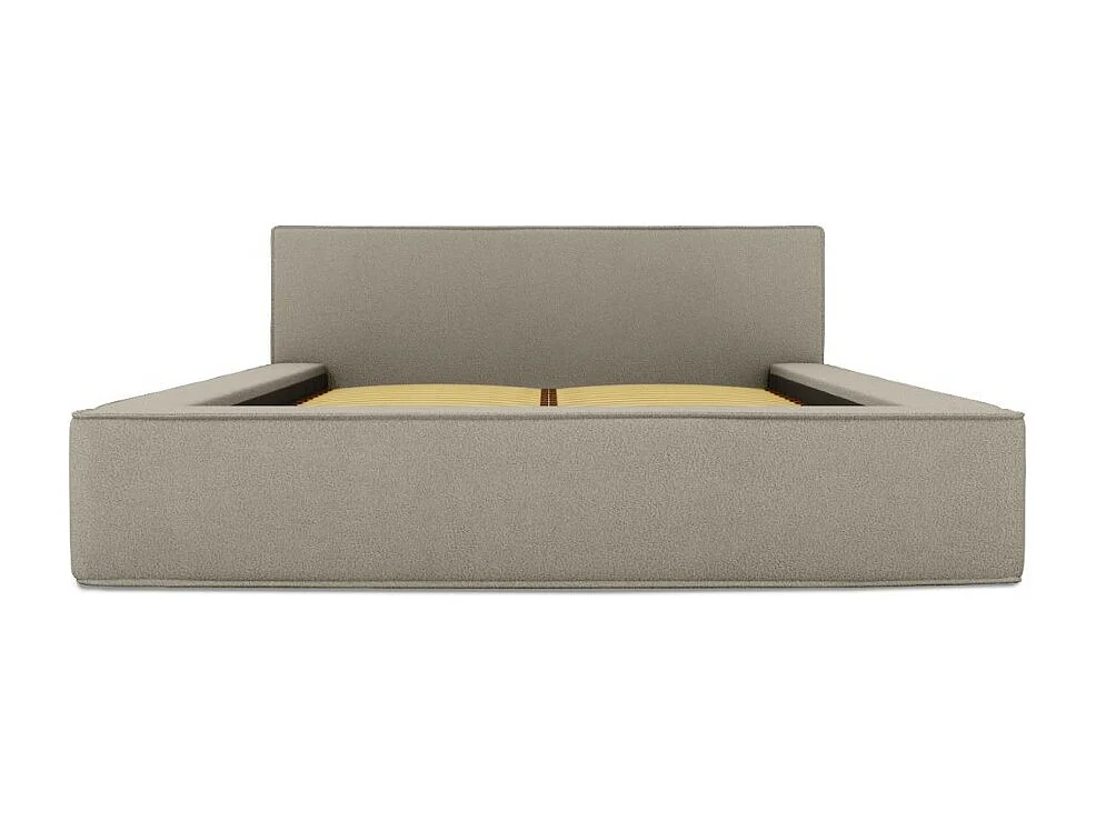 Cama con canapé DENALI – Lino natural rizado – 140x200 cm – Tela efecto lana – Somier elevable – Almacenamiento integrado