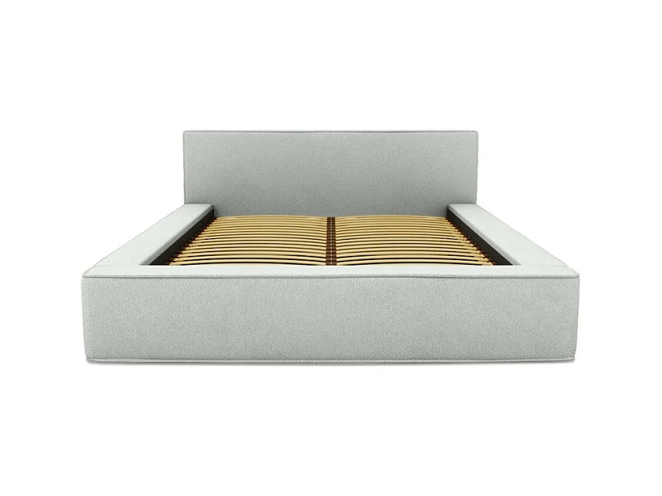 Cama con canapé DENALI – Blanco rizado – 140x200 cm – Tela efecto lana – Somier elevable – Almacenamiento integrado