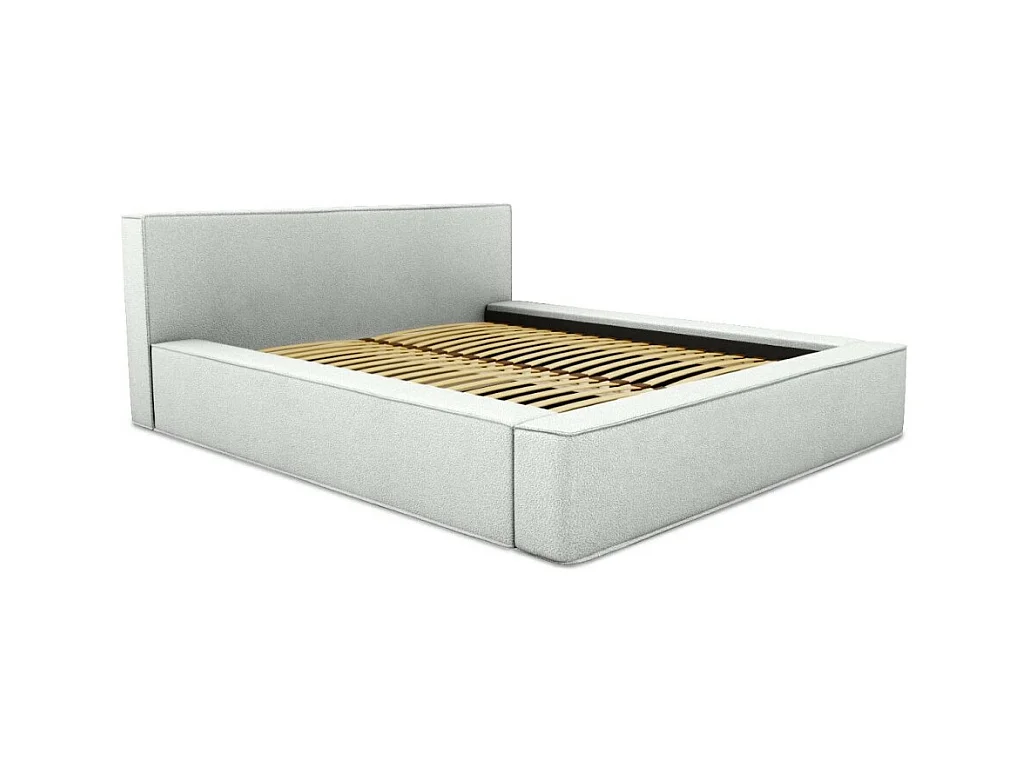 Cama con canapé DENALI – Blanco rizado – 140x200 cm – Tela efecto lana – Somier elevable – Almacenamiento integrado