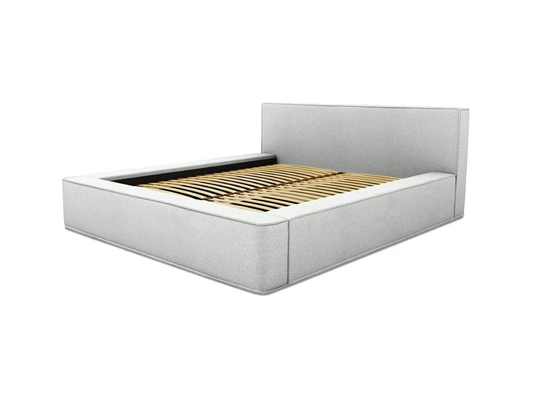 Cama con canapé DENALI – Blanco rizado – 140x200 cm – Tela efecto lana – Somier elevable – Almacenamiento integrado