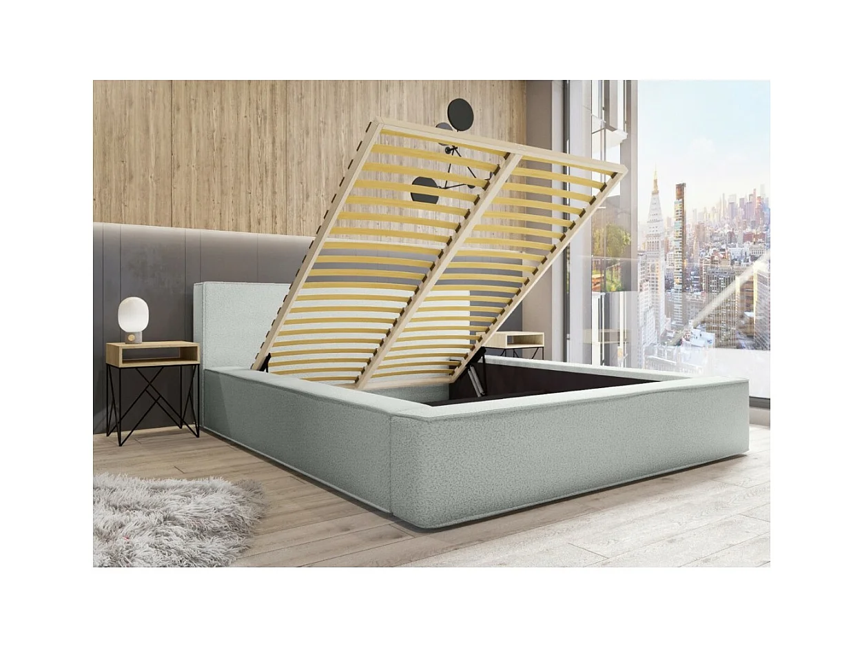 Cama con canapé DENALI – Blanco rizado – 140x200 cm – Tela efecto lana – Somier elevable – Almacenamiento integrado