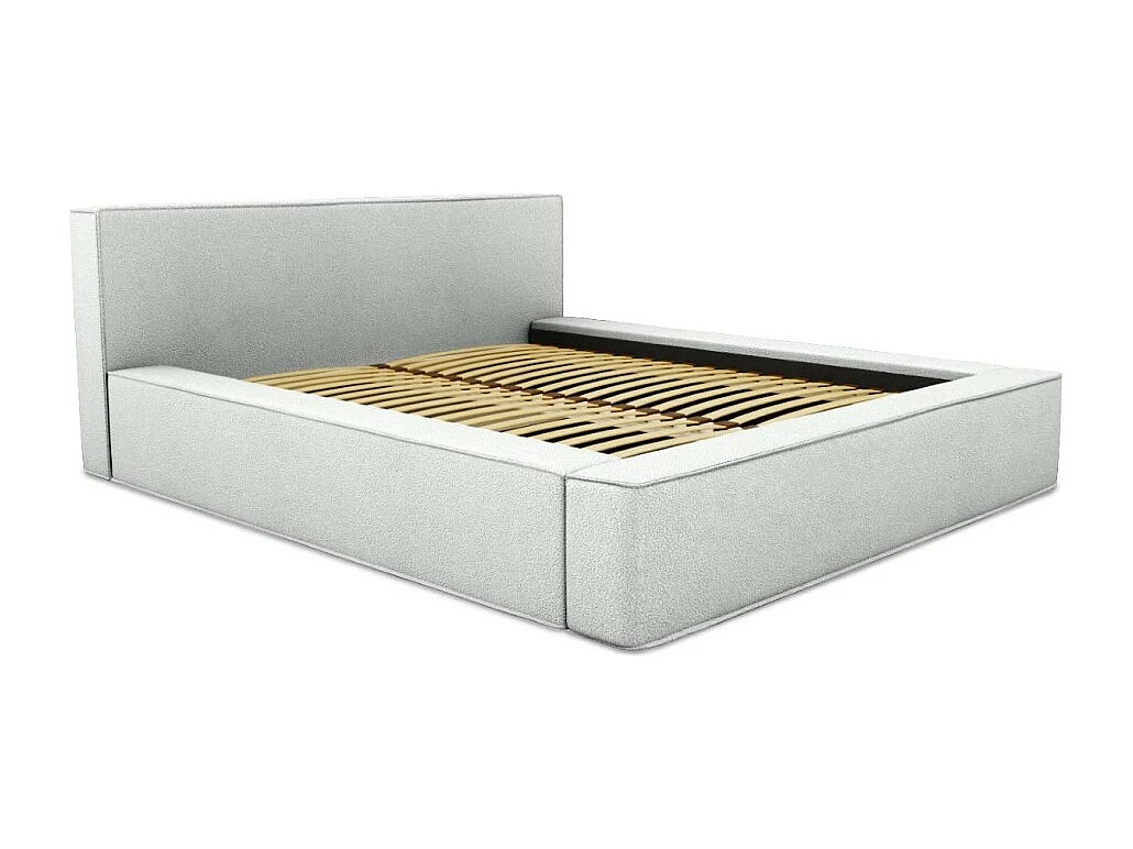 Cama con canapé DENALI – Blanco rizado – 140x200 cm – Tela efecto lana – Somier elevable – Almacenamiento integrado