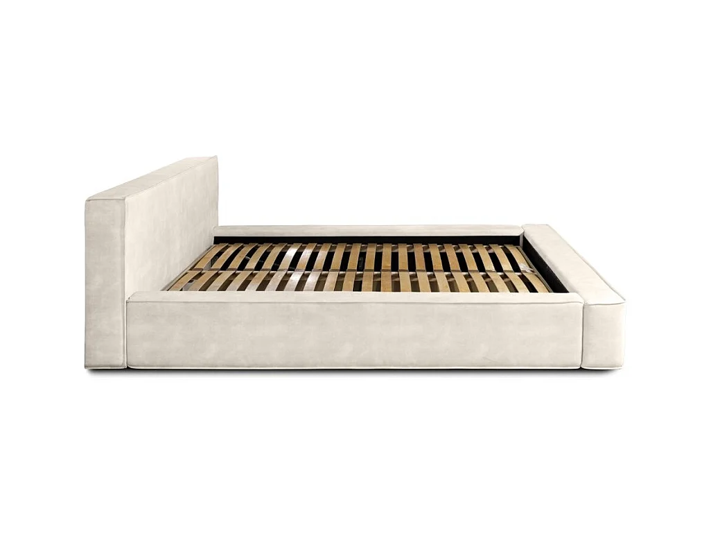 Lit coffre DENALI – Pérola – 140x200 cm – Tecido de veludo macio – Base elevatória – Armazenamento integrado