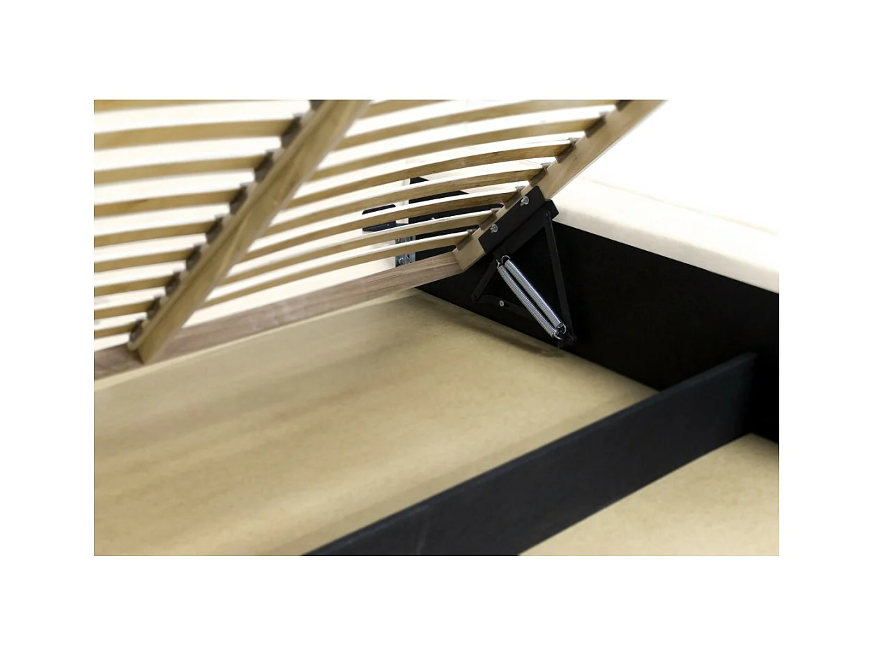 Lit coffre DENALI – Pérola – 140x200 cm – Tecido de veludo macio – Base elevatória – Armazenamento integrado