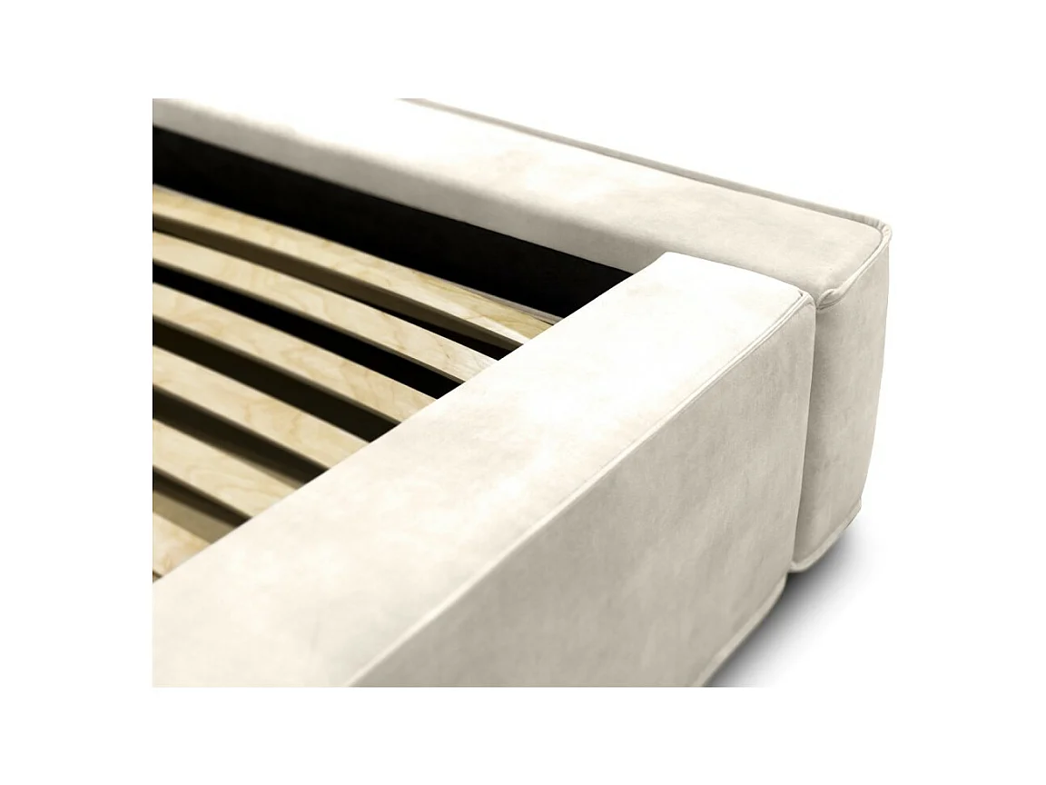 Lit coffre DENALI – Pérola – 140x200 cm – Tecido de veludo macio – Base elevatória – Armazenamento integrado