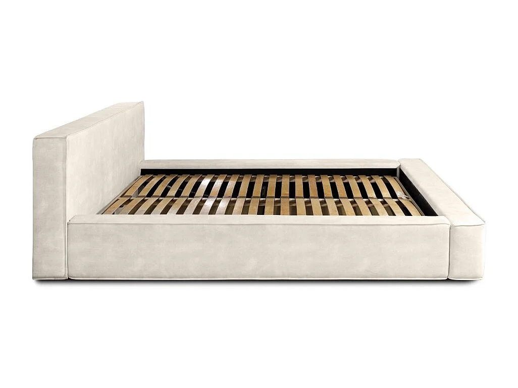 Cama con canapé DENALI – Perla – 140x200 cm – Tela terciopelo suave – Somier elevable – Almacenamiento integrado