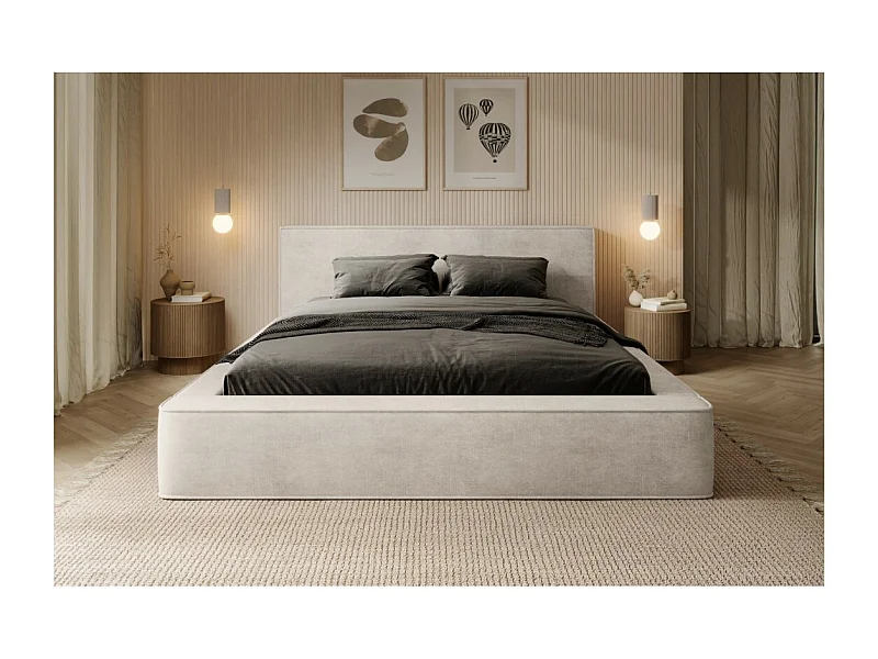 Lit coffre DENALI – Pérola – 140x200 cm – Tecido de veludo macio – Base elevatória – Armazenamento integrado