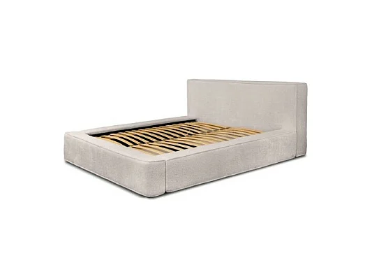 Lit coffre DENALI – Bege pó bouclé – 140x200 cm – Tecido veludo macio – Estrado elevatório – Armazenamento integrado