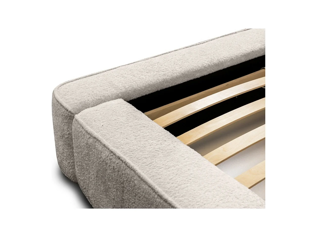 Lit coffre DENALI – Bege pó bouclé – 140x200 cm – Tecido veludo macio – Estrado elevatório – Armazenamento integrado