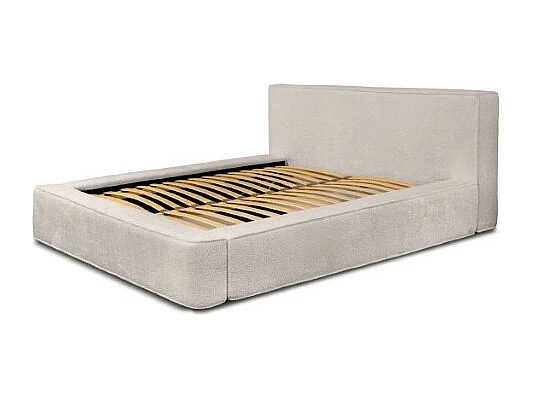 Lit coffre DENALI – Bege pó bouclé – 140x200 cm – Tecido veludo macio – Estrado elevatório – Armazenamento integrado