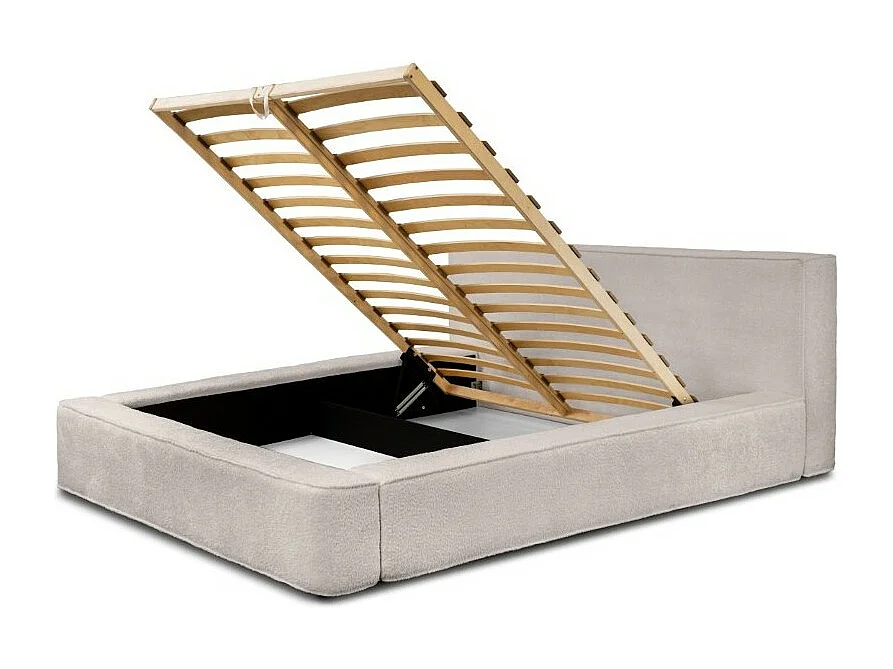 Lit coffre DENALI – Bege pó bouclé – 140x200 cm – Tecido veludo macio – Estrado elevatório – Armazenamento integrado