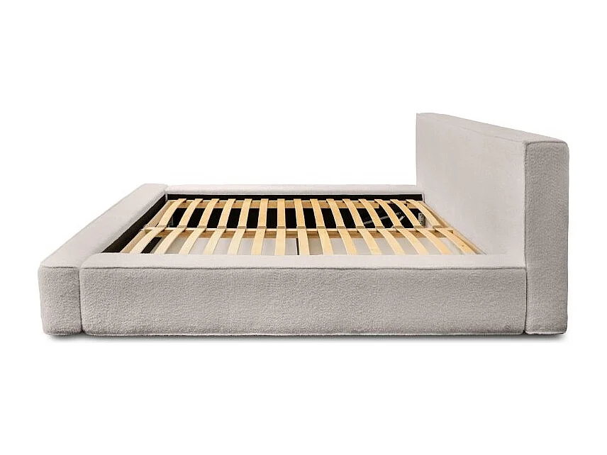 Lit coffre DENALI – Bege pó bouclé – 140x200 cm – Tecido veludo macio – Estrado elevatório – Armazenamento integrado