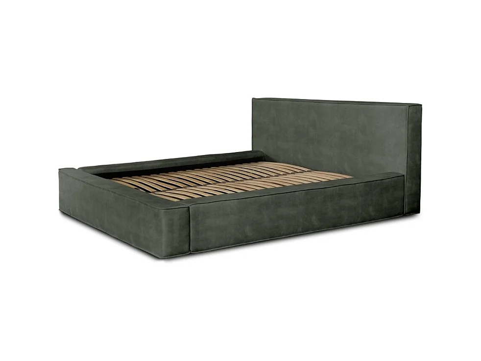 Lit coffre VELORA – Vert sapin – 140x200 cm – Tissu velours doux – Sommier relevable – Rangement intégré