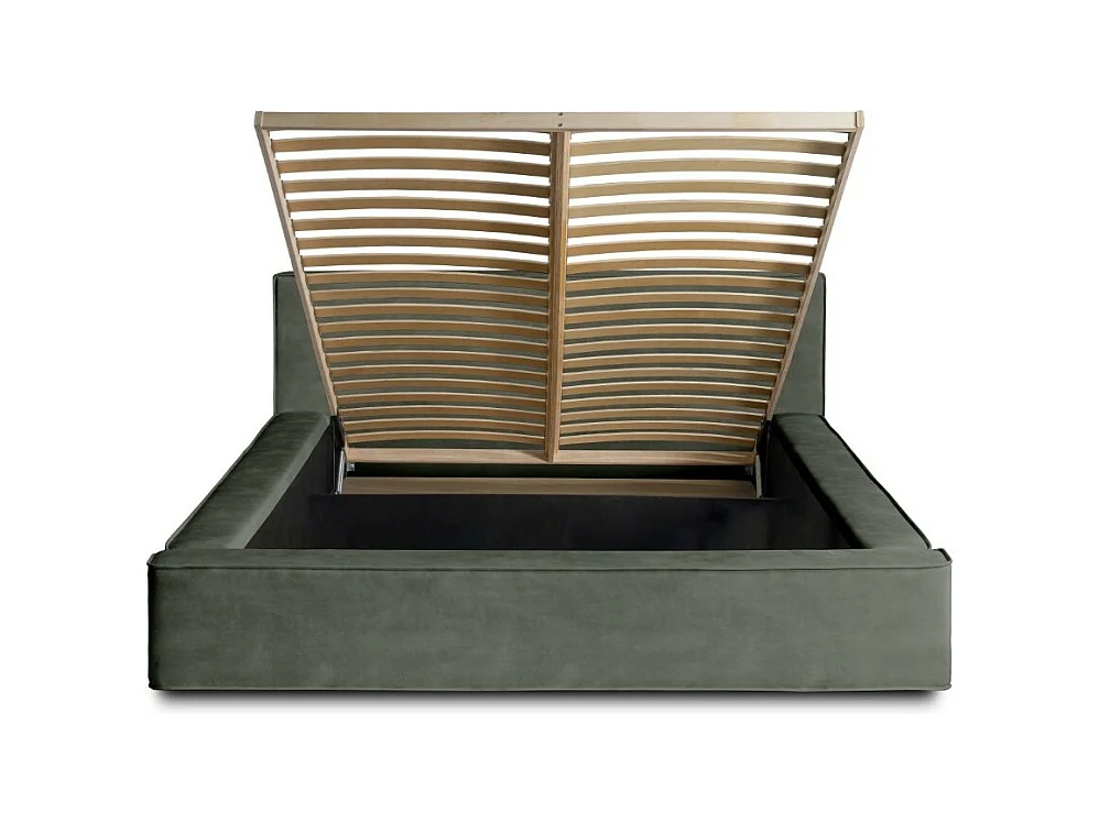 Lit coffre VELORA – Vert sapin – 140x200 cm – Tissu velours doux – Sommier relevable – Rangement intégré