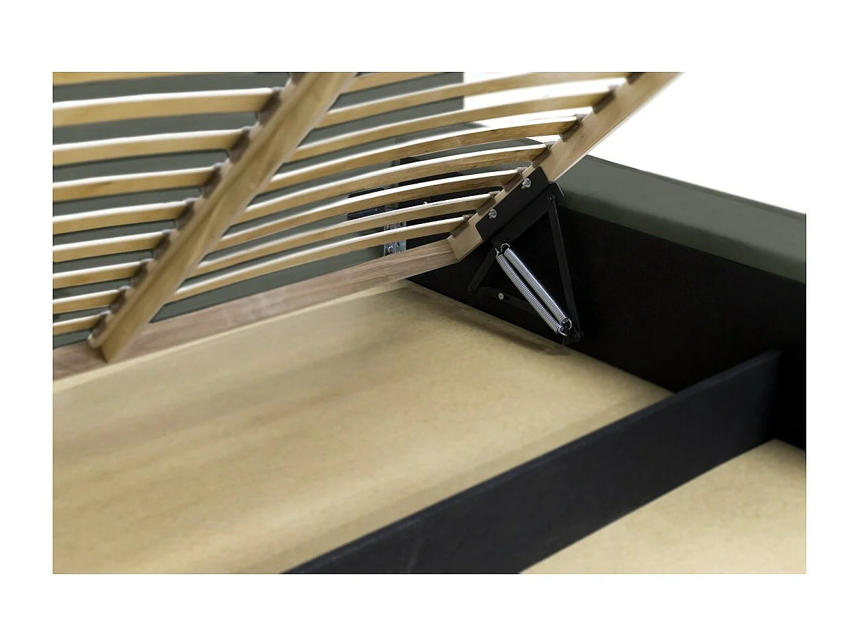 Lit coffre VELORA – Vert sapin – 140x200 cm – Tissu velours doux – Sommier relevable – Rangement intégré