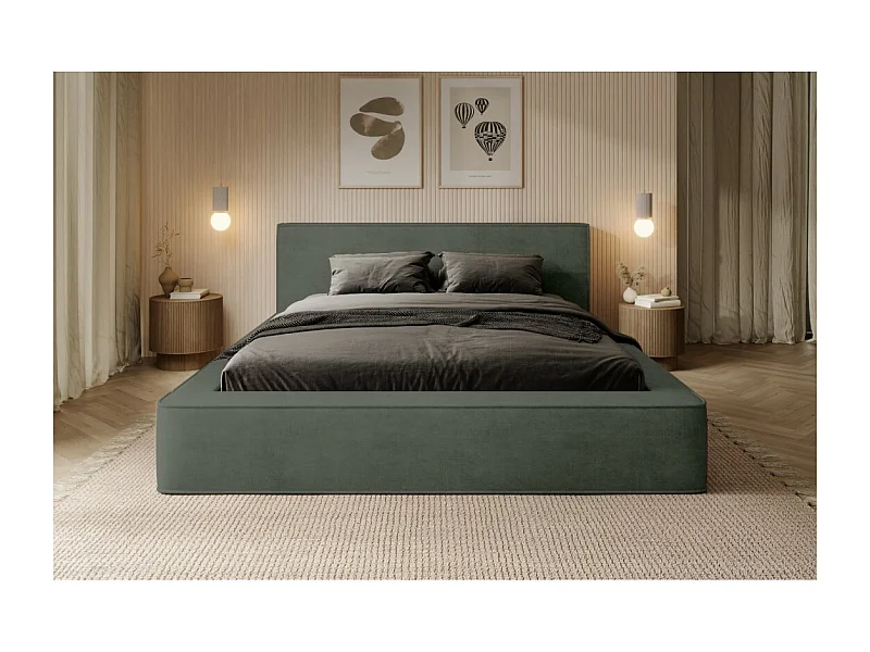Lit coffre VELORA – Vert sapin – 140x200 cm – Tissu velours doux – Sommier relevable – Rangement intégré