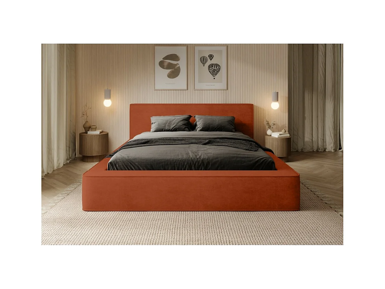 Lit coffre DENALI – Terracotta – 180x200 cm – Tecido veludo macio – Estrado elevatório – Armazenamento integrado