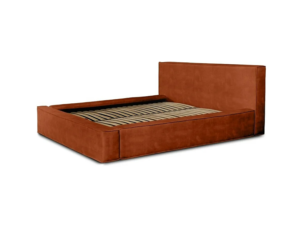 Lit coffre DENALI – Terracotta – 180x200 cm – Tecido veludo macio – Estrado elevatório – Armazenamento integrado