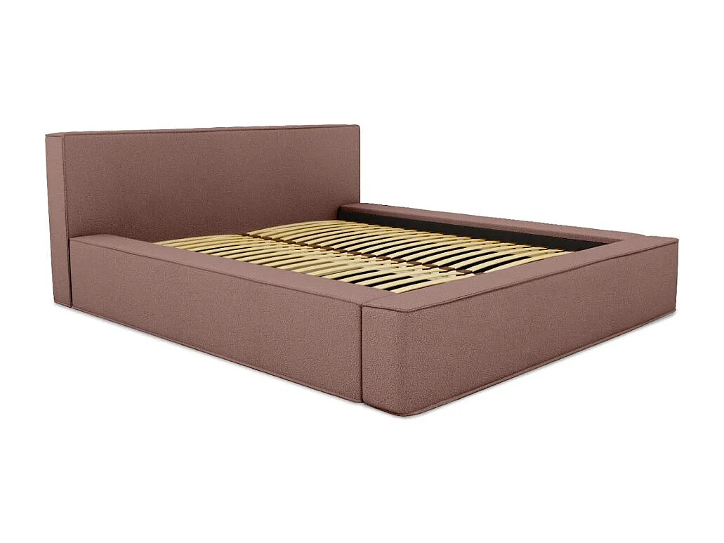 Cama con canapé DENALI – Terracota rizado – 160x200 cm – Tela de terciopelo suave – Somier elevable – Almacenamiento integrado