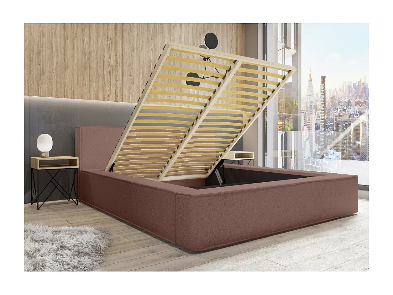 Cama con canapé DENALI – Terracota rizado – 160x200 cm – Tela de terciopelo suave – Somier elevable – Almacenamiento integrado