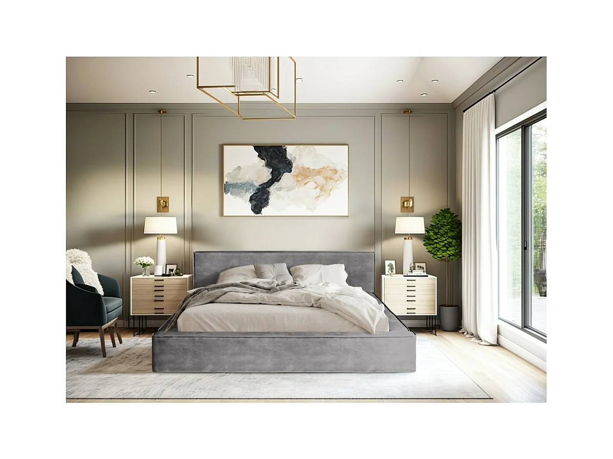 Cama con canapé DENALI – Gris claro – 140x200 cm – Tela de terciopelo suave – Somier elevable – Almacenamiento integrado