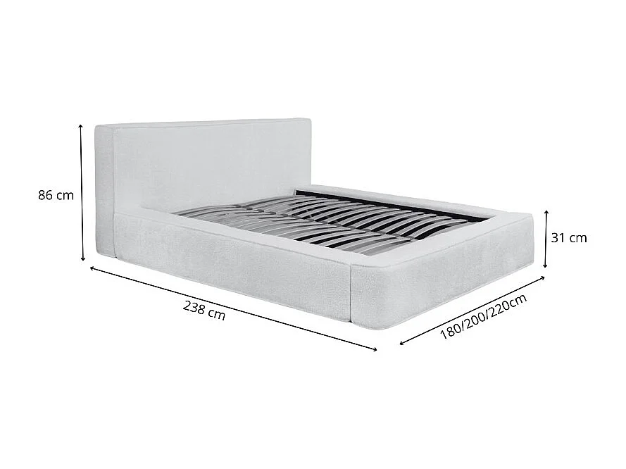 Lit coffre DENALI – Cinza claro – 140x200 cm – Tecido de veludo macio – Estrado elevatório – Armazenamento integrado
