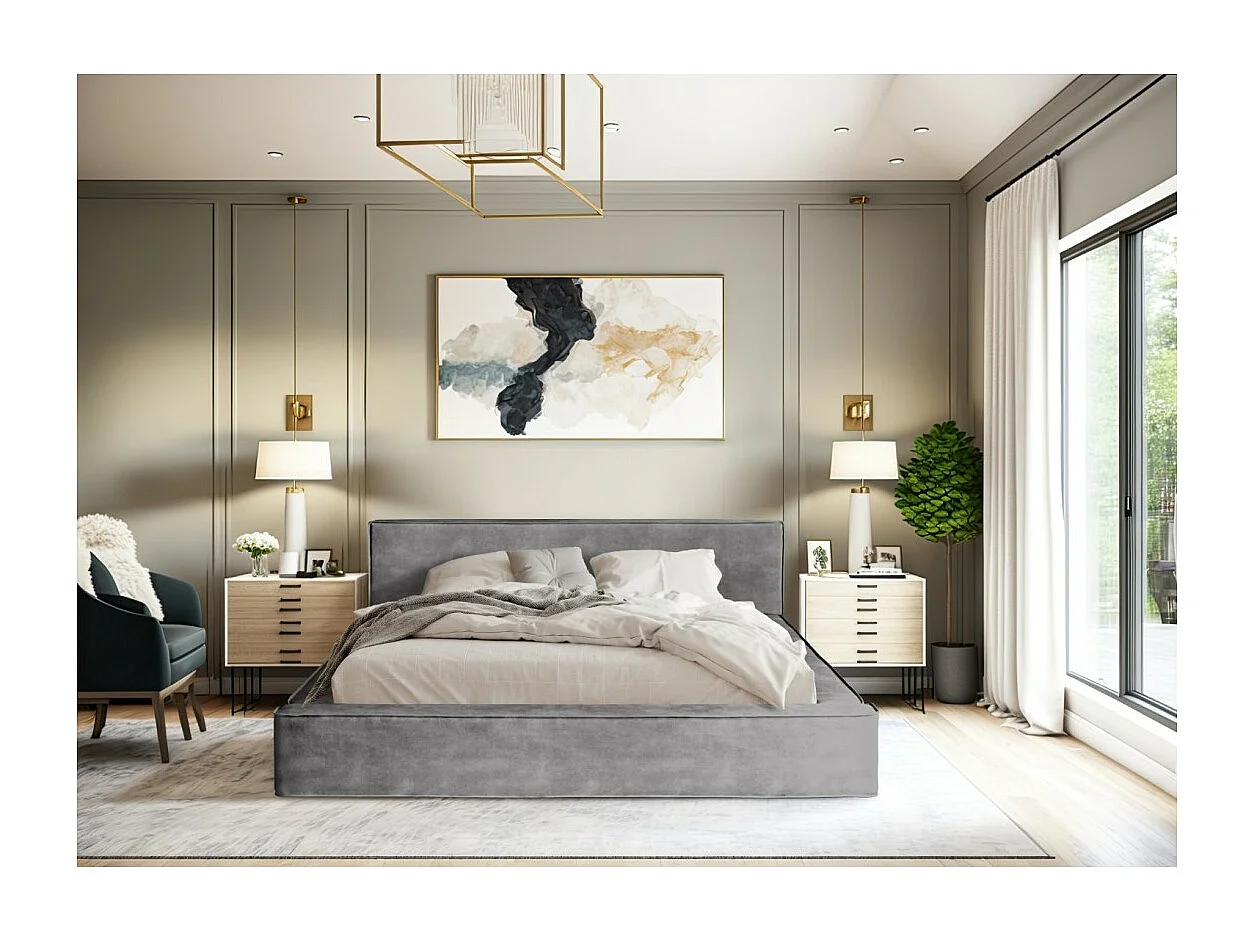 Lit coffre DENALI – Cinza claro – 140x200 cm – Tecido de veludo macio – Estrado elevatório – Armazenamento integrado