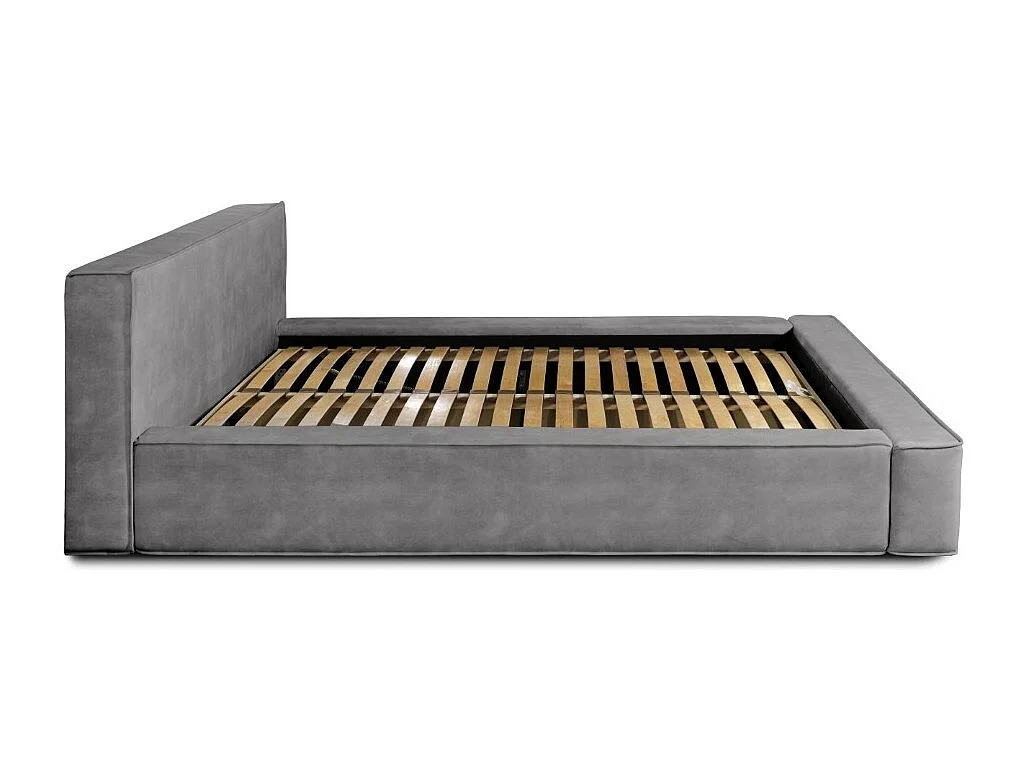 Lit coffre DENALI – Cinza claro – 140x200 cm – Tecido de veludo macio – Estrado elevatório – Armazenamento integrado