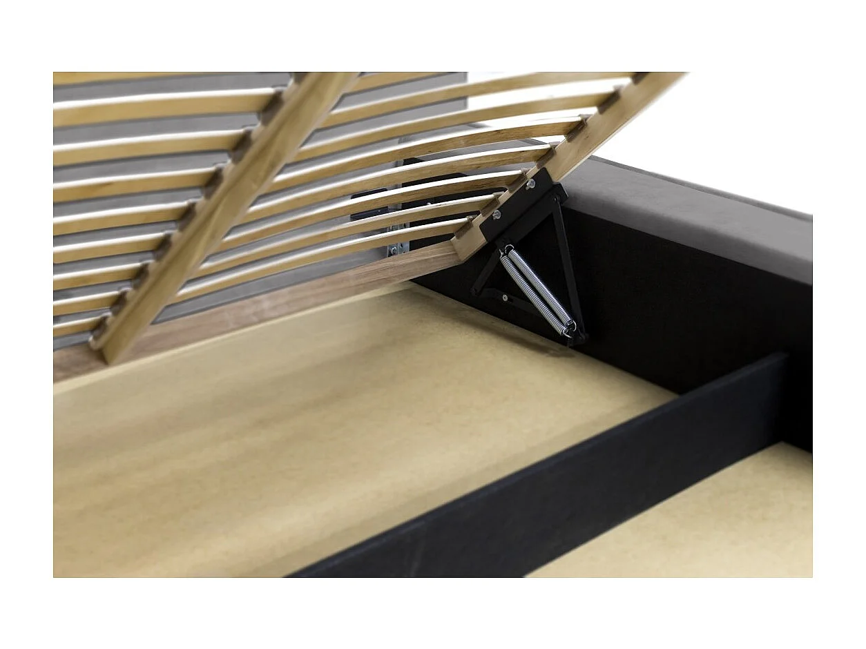 Lit coffre DENALI – Cinza claro – 140x200 cm – Tecido de veludo macio – Estrado elevatório – Armazenamento integrado