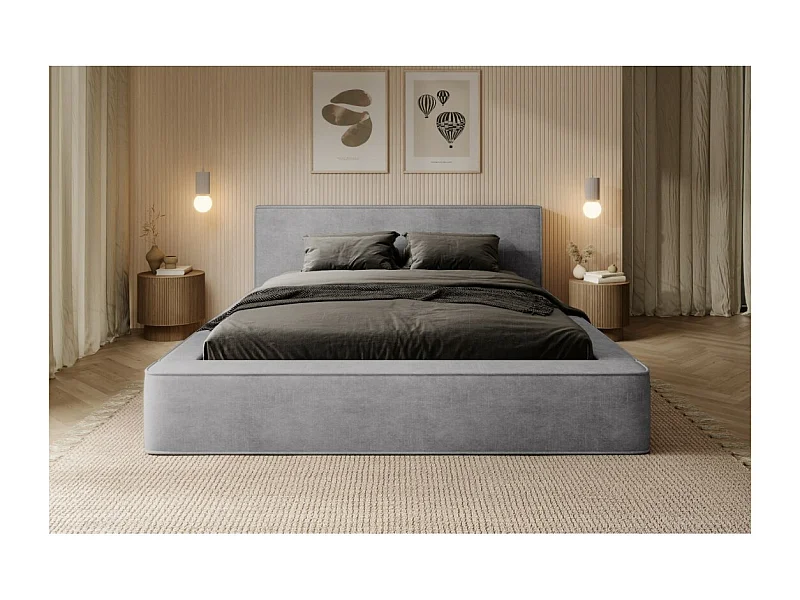 Lit coffre VELORA – Gris clair – 140x200 cm – Tissu velours doux – Sommier relevable – Rangement intégré