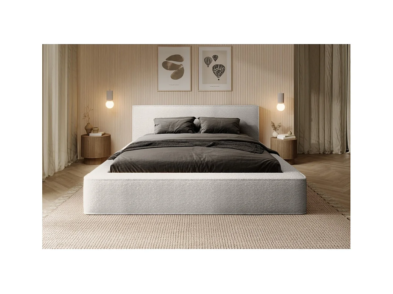 Lit coffre DENALI – Blanco alpino rizado – 160x200 cm – Tela terciopelo suave – Somier elevable – Almacenamiento integrado