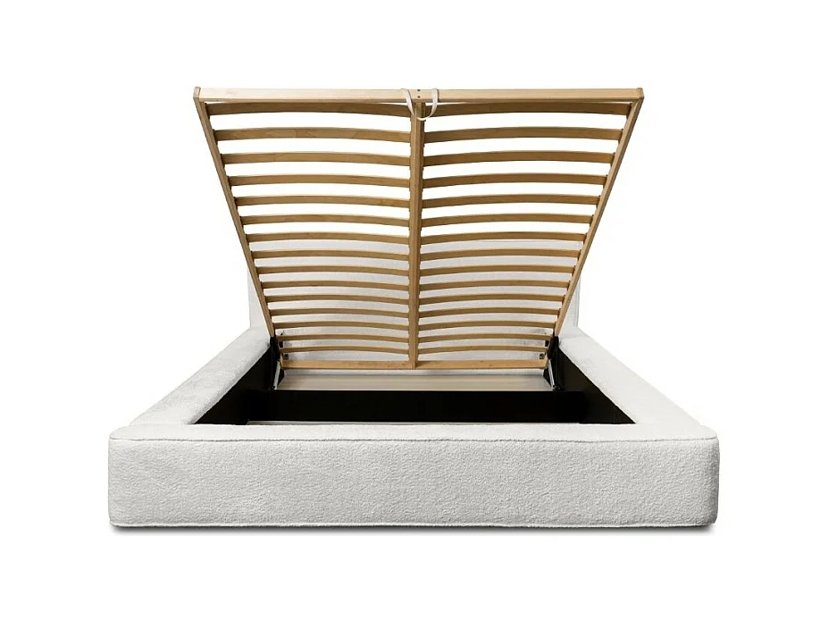 Lit coffre DENALI – Blanco alpino rizado – 160x200 cm – Tela terciopelo suave – Somier elevable – Almacenamiento integrado