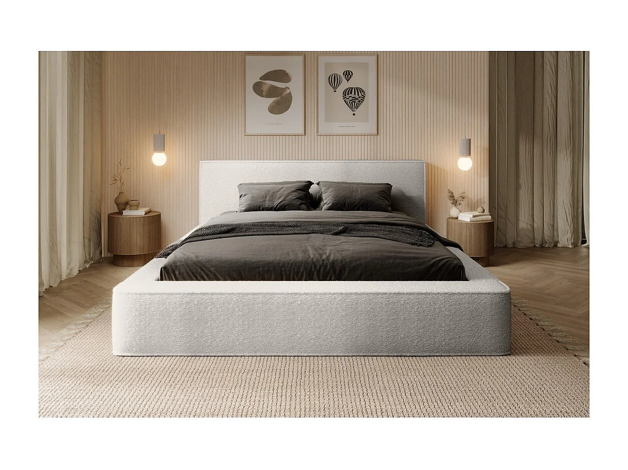 Lit coffre DENALI – Branco alpino encaracolado – 160x200 cm – Tecido de veludo macio – Estrado elevatório – Armazenamento integrado
