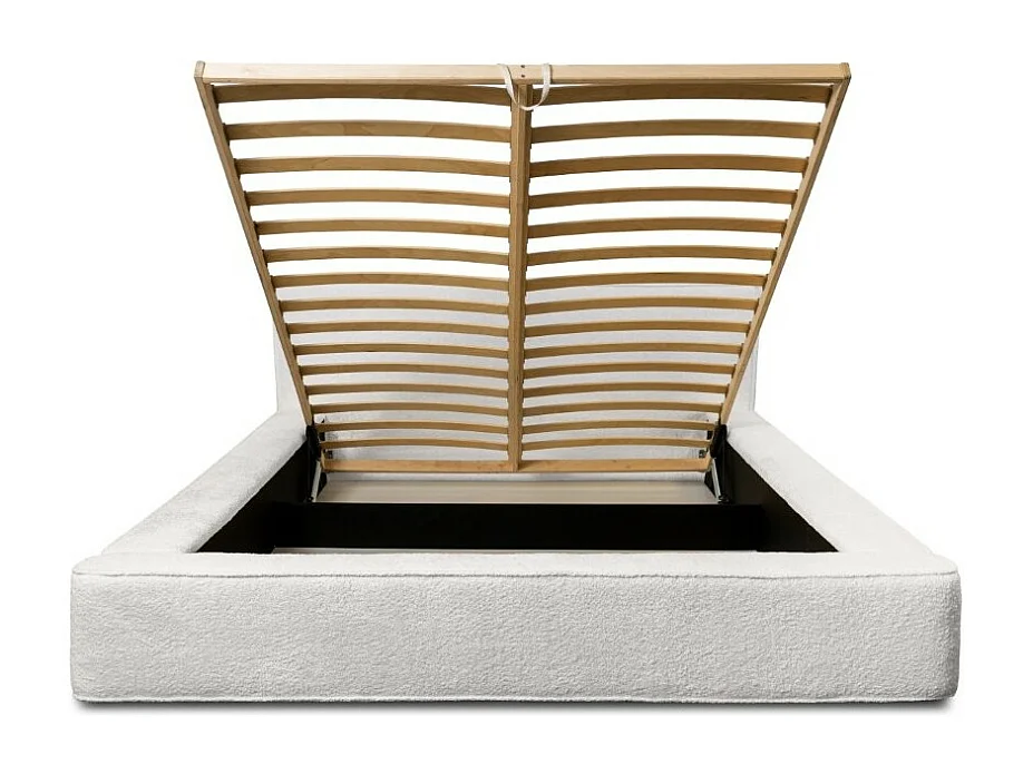 Lit coffre DENALI – Branco alpino encaracolado – 160x200 cm – Tecido de veludo macio – Estrado elevatório – Armazenamento integrado