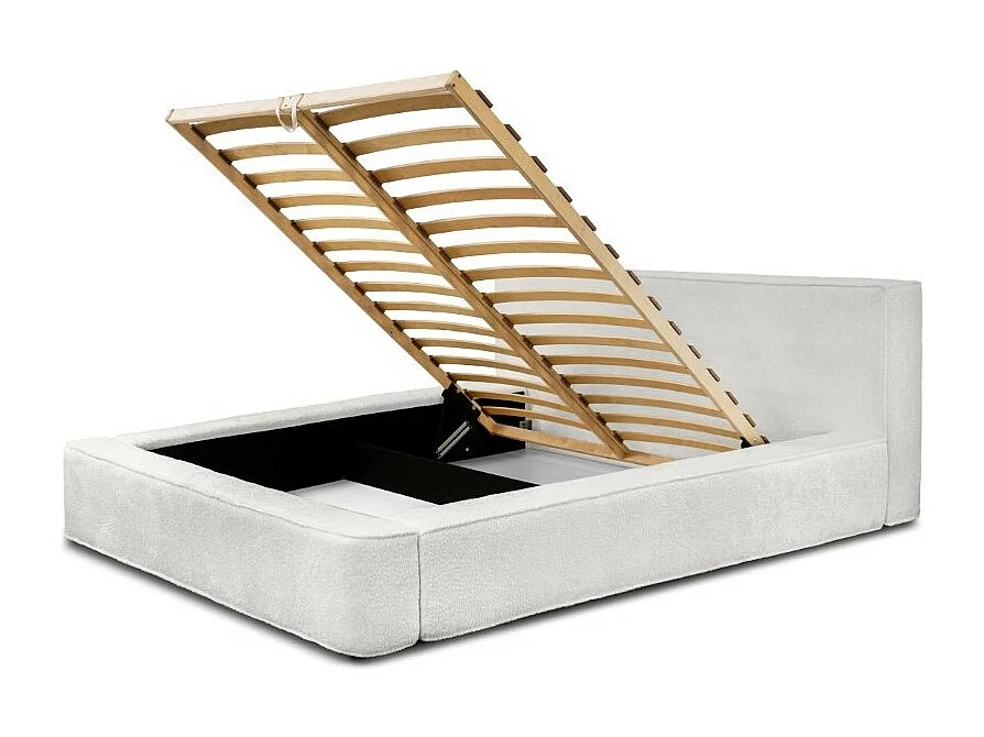 Lit coffre DENALI – Branco alpino encaracolado – 160x200 cm – Tecido de veludo macio – Estrado elevatório – Armazenamento integrado