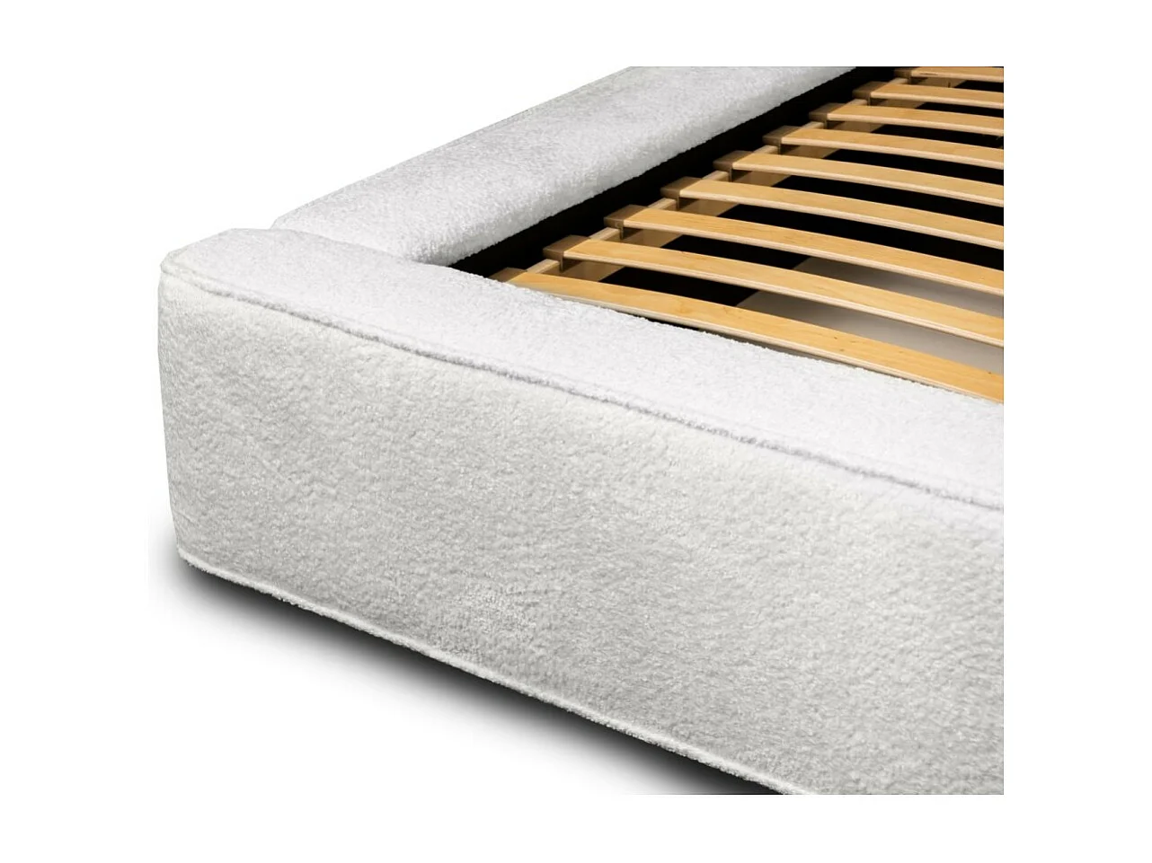 Lit coffre DENALI – Branco alpino encaracolado – 160x200 cm – Tecido de veludo macio – Estrado elevatório – Armazenamento integrado