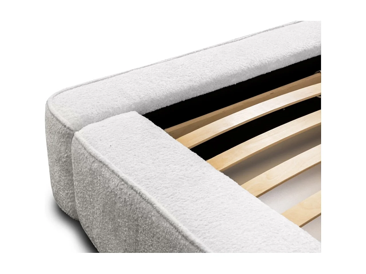 Lit coffre DENALI – Branco alpino encaracolado – 160x200 cm – Tecido de veludo macio – Estrado elevatório – Armazenamento integrado