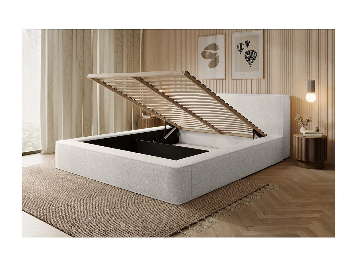 Lit coffre DENALI – Branco alpino encaracolado – 160x200 cm – Tecido de veludo macio – Estrado elevatório – Armazenamento integrado