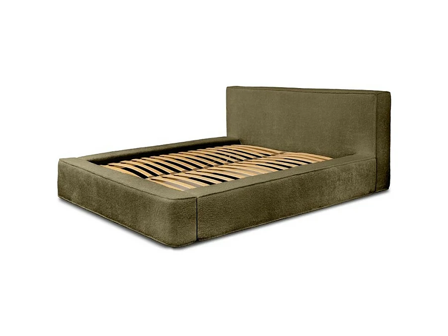 Lit coffre VELORA – Olive bouclé – 160x200 cm – Tissu velours doux – Sommier relevable – Rangement intégré